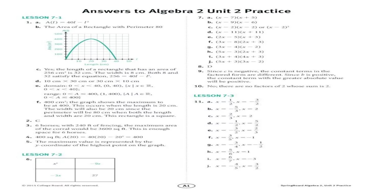 Springboard algebra 1 answer key pdf